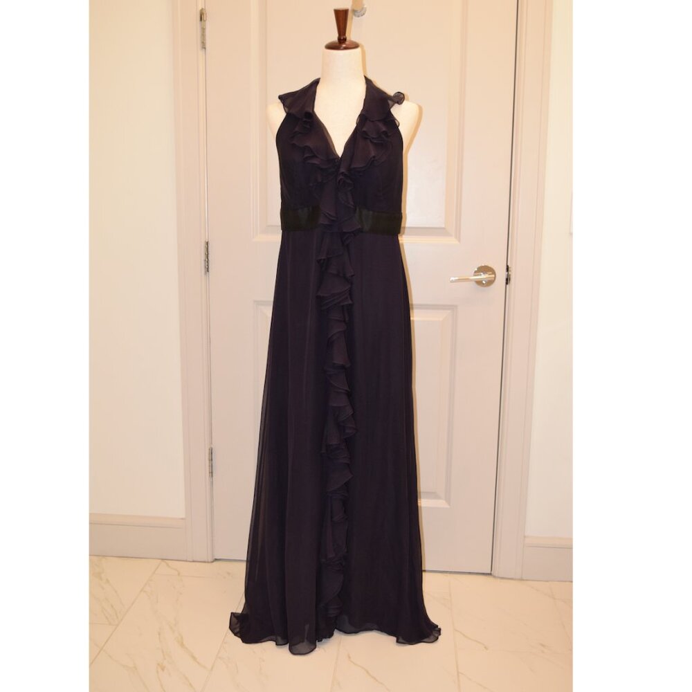 Marchesa Notte - Dark Purple Ruffled Halter Evening Dress - 12